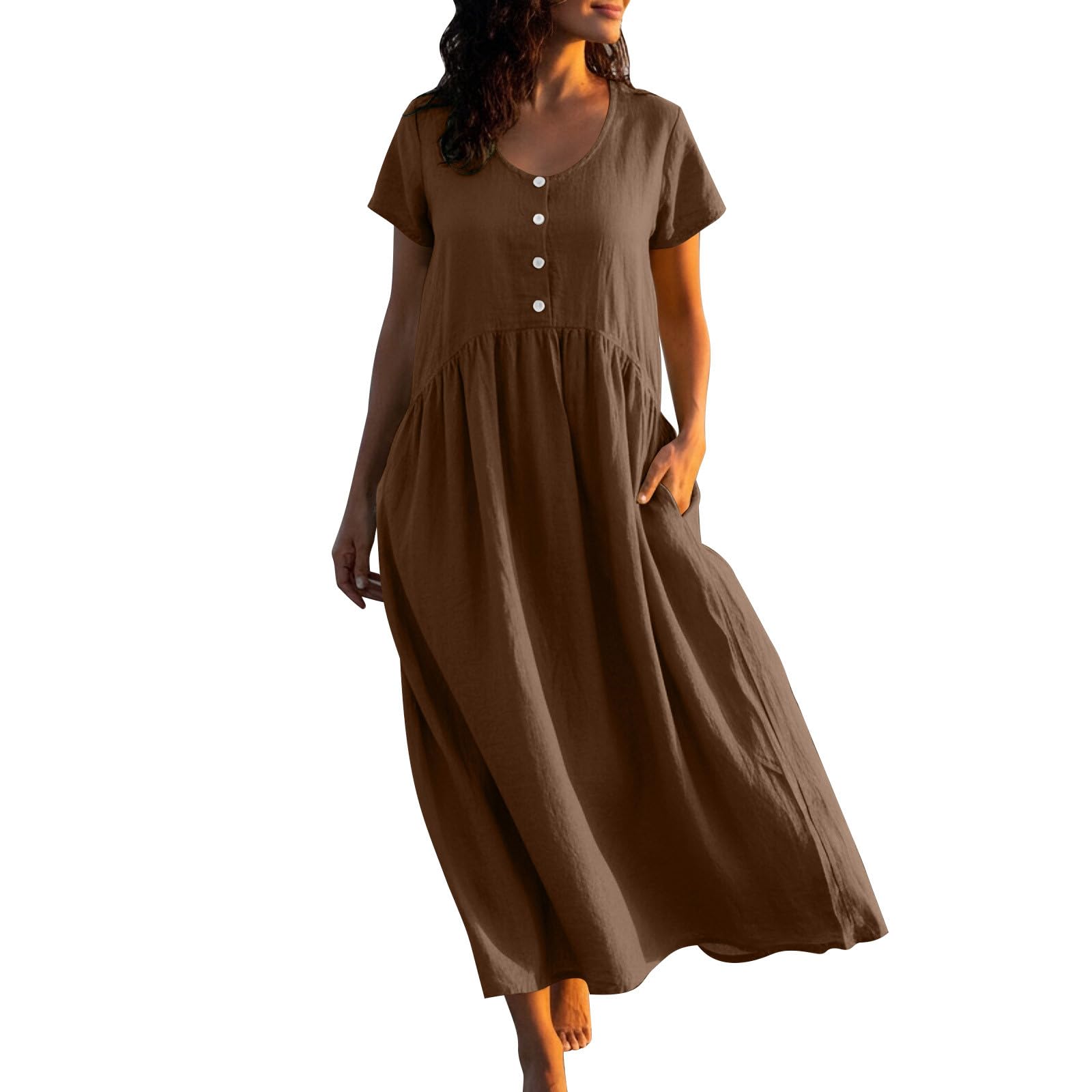 Aopir Women's Boho Beach Cotton Linen Dress Loose Flowy Short Sleeve Midi Soft Breathable Bohemian Summer Dresses