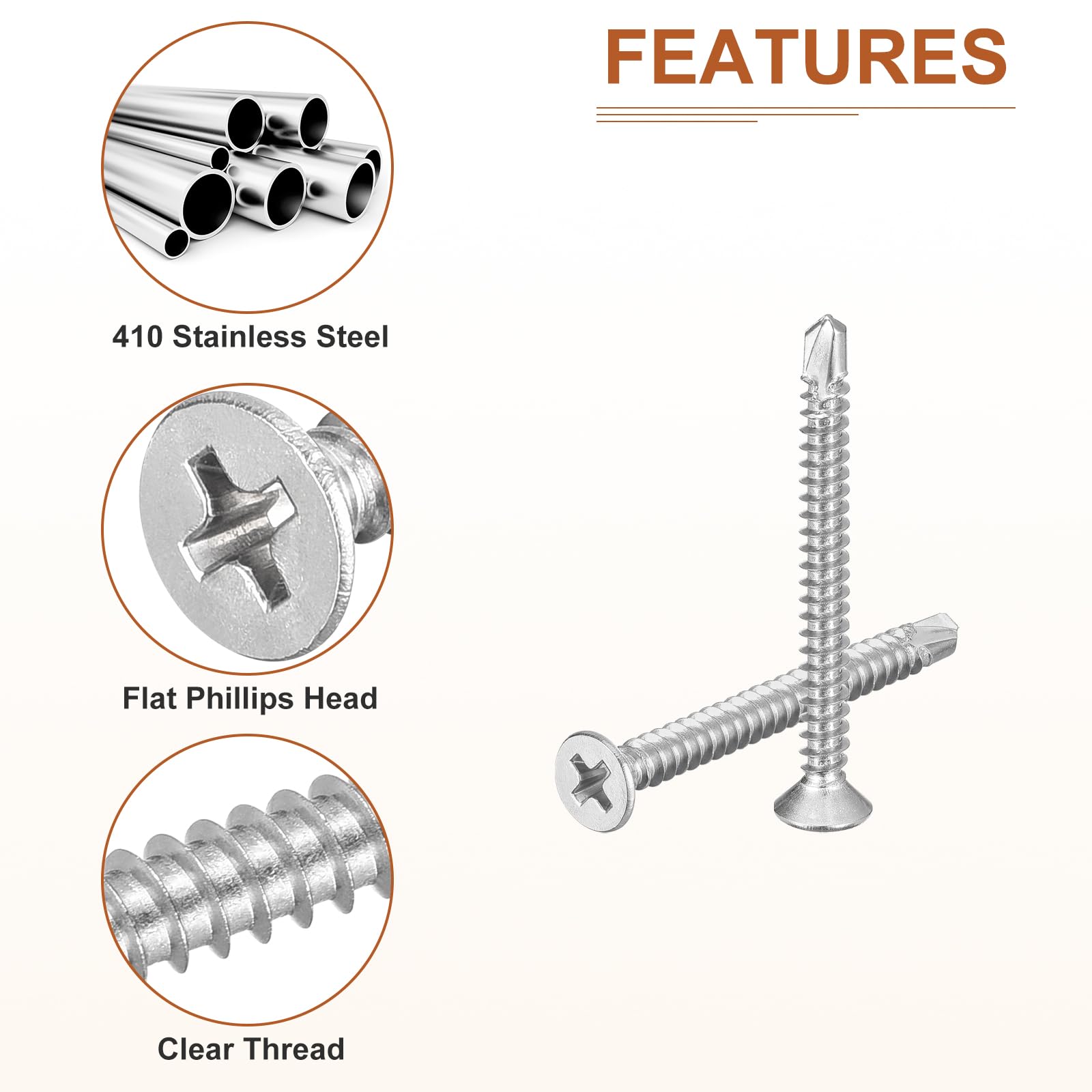 DTGN 50Pcs ST4.2x45mm Self Drilling Screws, 410 Stainless Steel Flat Head Phillips Sheet Metal Screw - Image 4