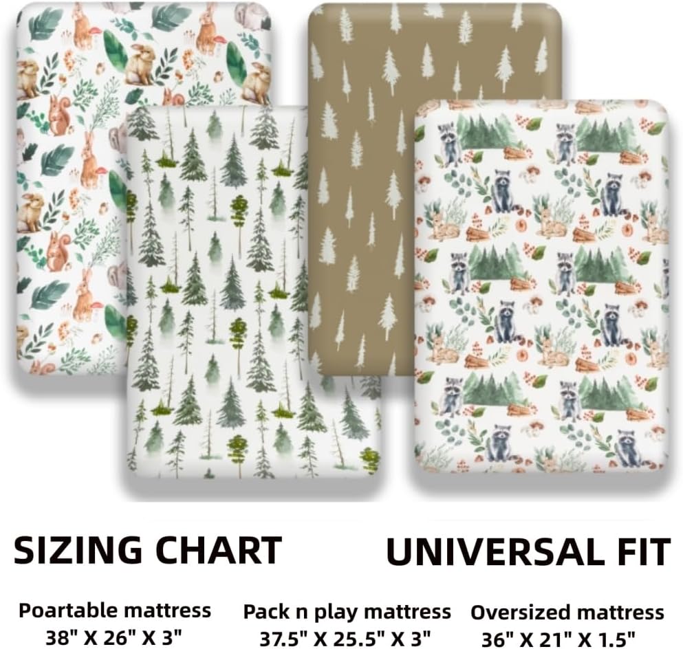 4 Pack N Play Sheets Woodland Forest Animals Wood Neutral Unisex Fitted Baby N Play Sheets Fitted for Standard Pack and Plays and Mini Cribs Set for Baby Boys or Girls (Raccoon)