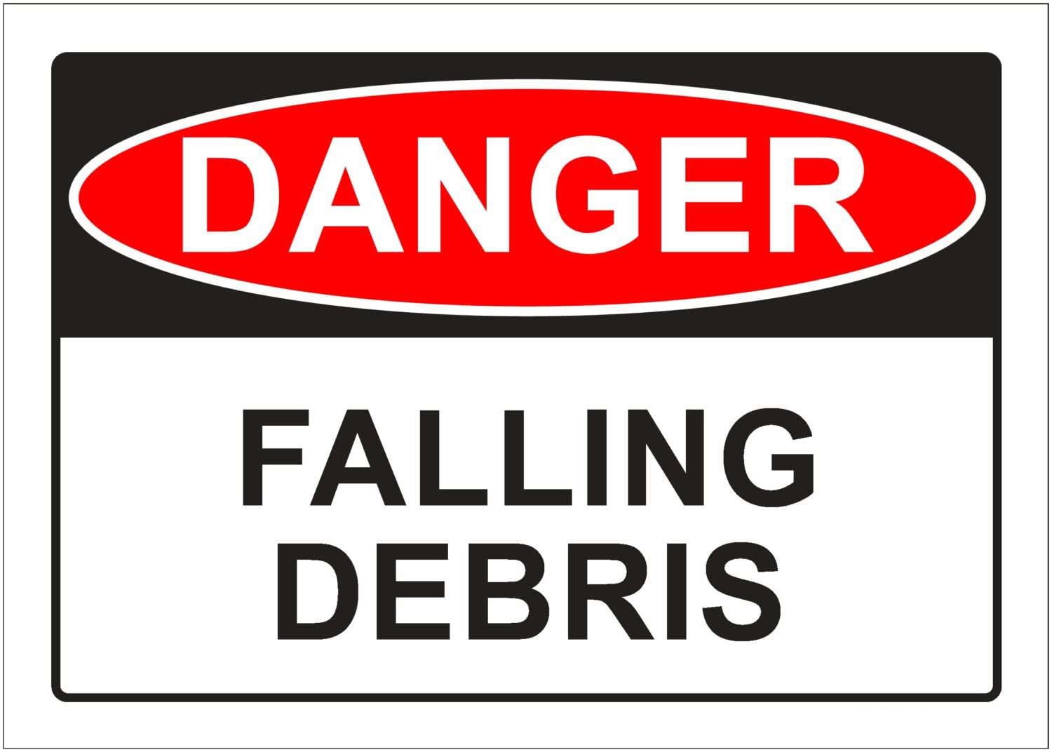 Falling Debris Danger Sign, 12x8 Metal Tin Sign, overhead hazard warning for construction and high-rise work areas.