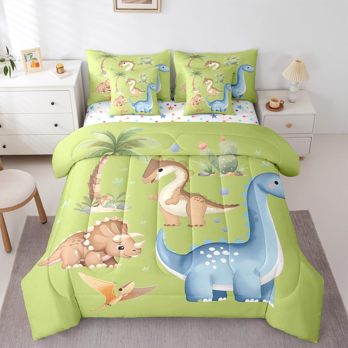 Feelyou Cute Dinosaur Comforter Set Twin Size 7 Pieces Cartoon Dinosaur Bedding Set Kids Boys Girls Wild Animal Bed in a Bag with Comforter, Sheets, Pillowcases, Cushion Covers Jungle Dino Plant