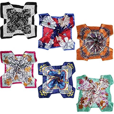 6 Pc Set 23.6 x 23.6 inches Satin Square Scarves Neck Hair Head Scarf Bundle, Set C, One Size Cover