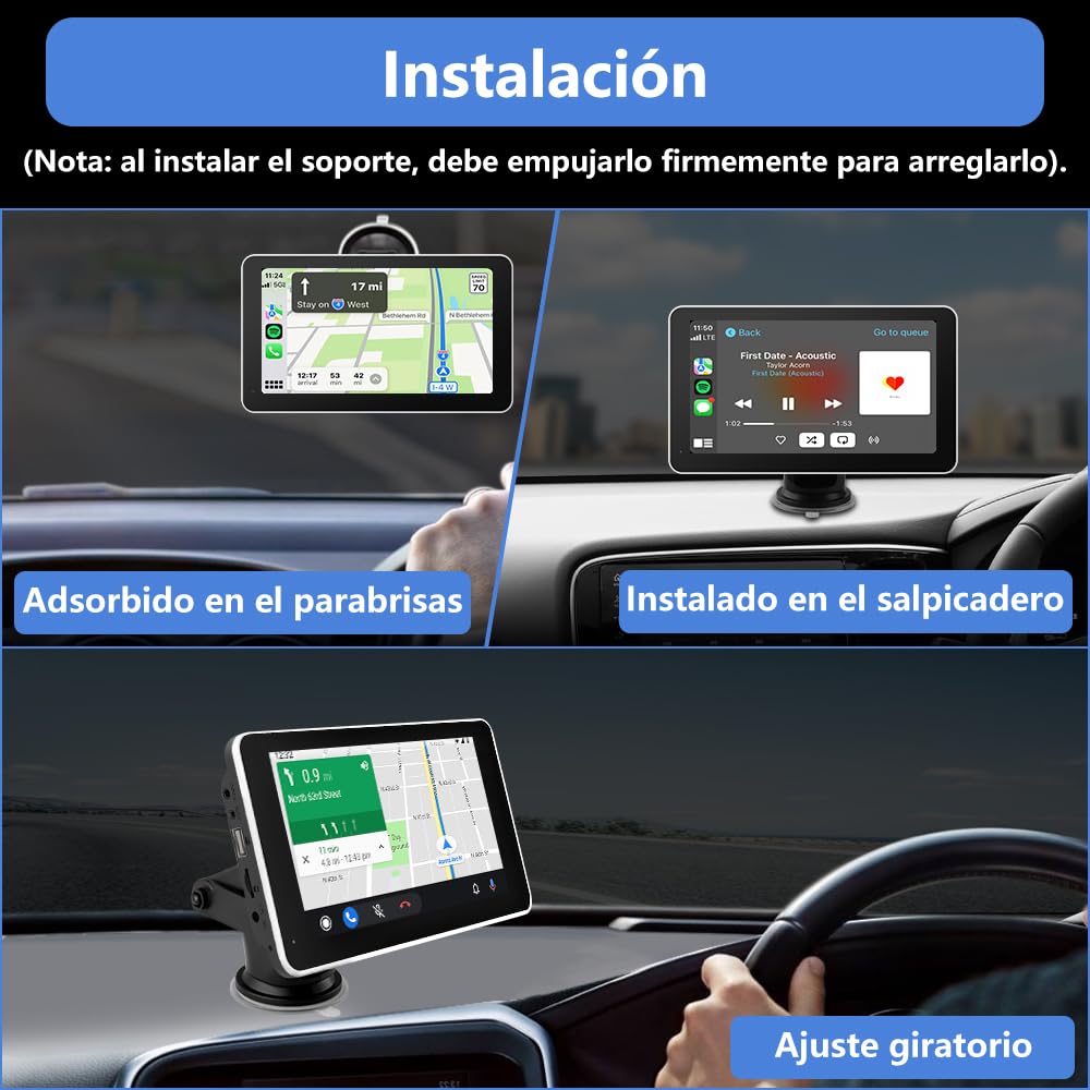 AWESAFE Pantalla 7” de CarPlay/Android Auto/Mirror Link Inalámbrico, Radio Portátil para Coche, Admite Bluetooth/Siri/USB/TF/AUX