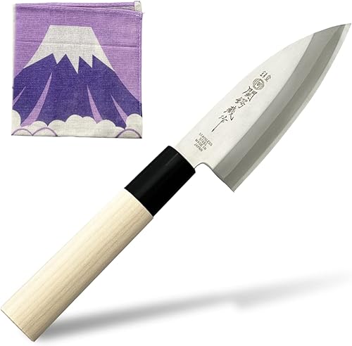 Miniatura 1 de KAKUSEE Seki Tsubazo - Juego de cuchillos Deba pequeños de 3.9 pulgadas y paños de pintura japonesa, cuchillo de chef japonés para pescado y carne,