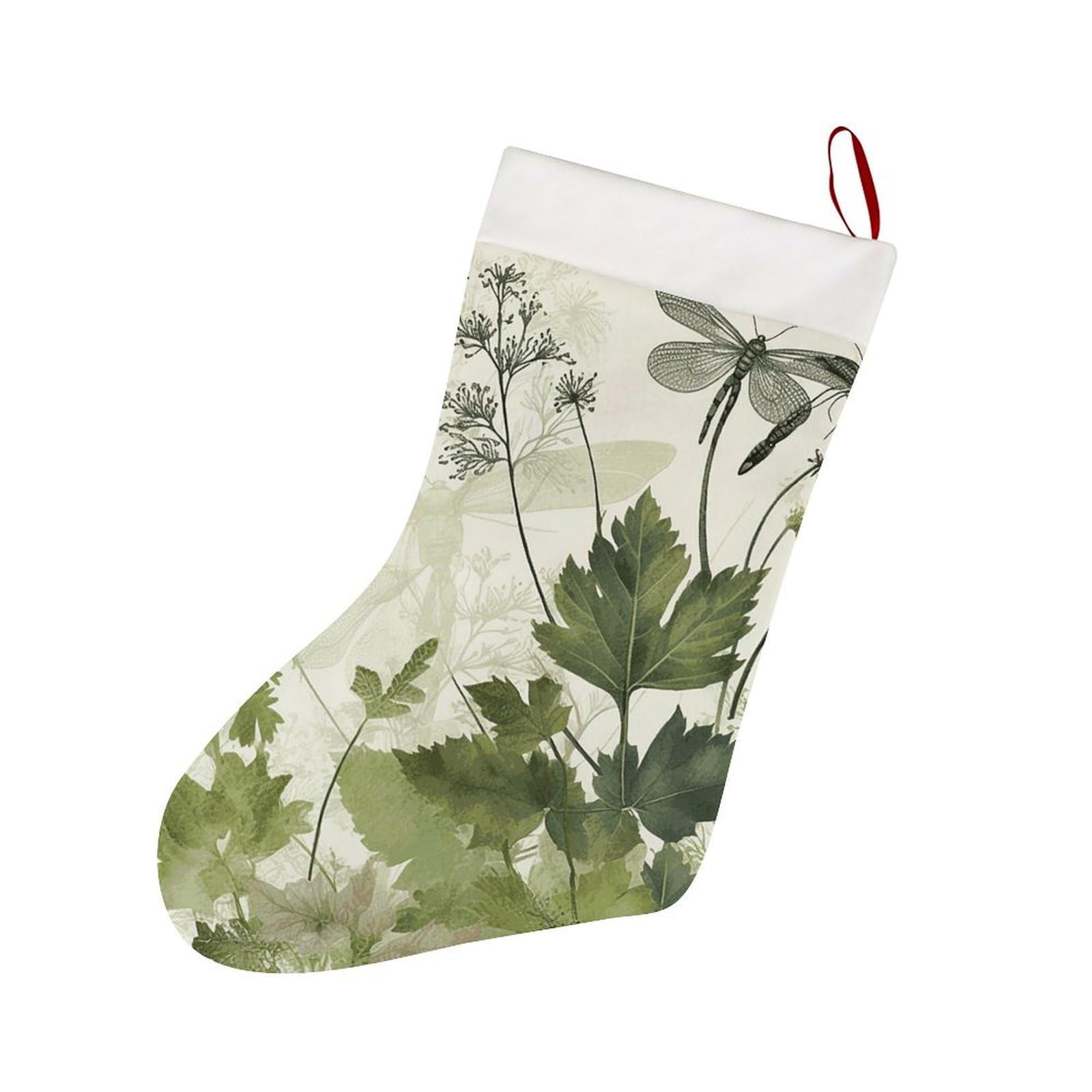 Foliage and Herbs with Dragonflies Winged Christmas Stocking Cute Personalized Christmas Stocking Soft Plush Cuff Christma Socks Gift Decoration Socks for Family Holiday Party