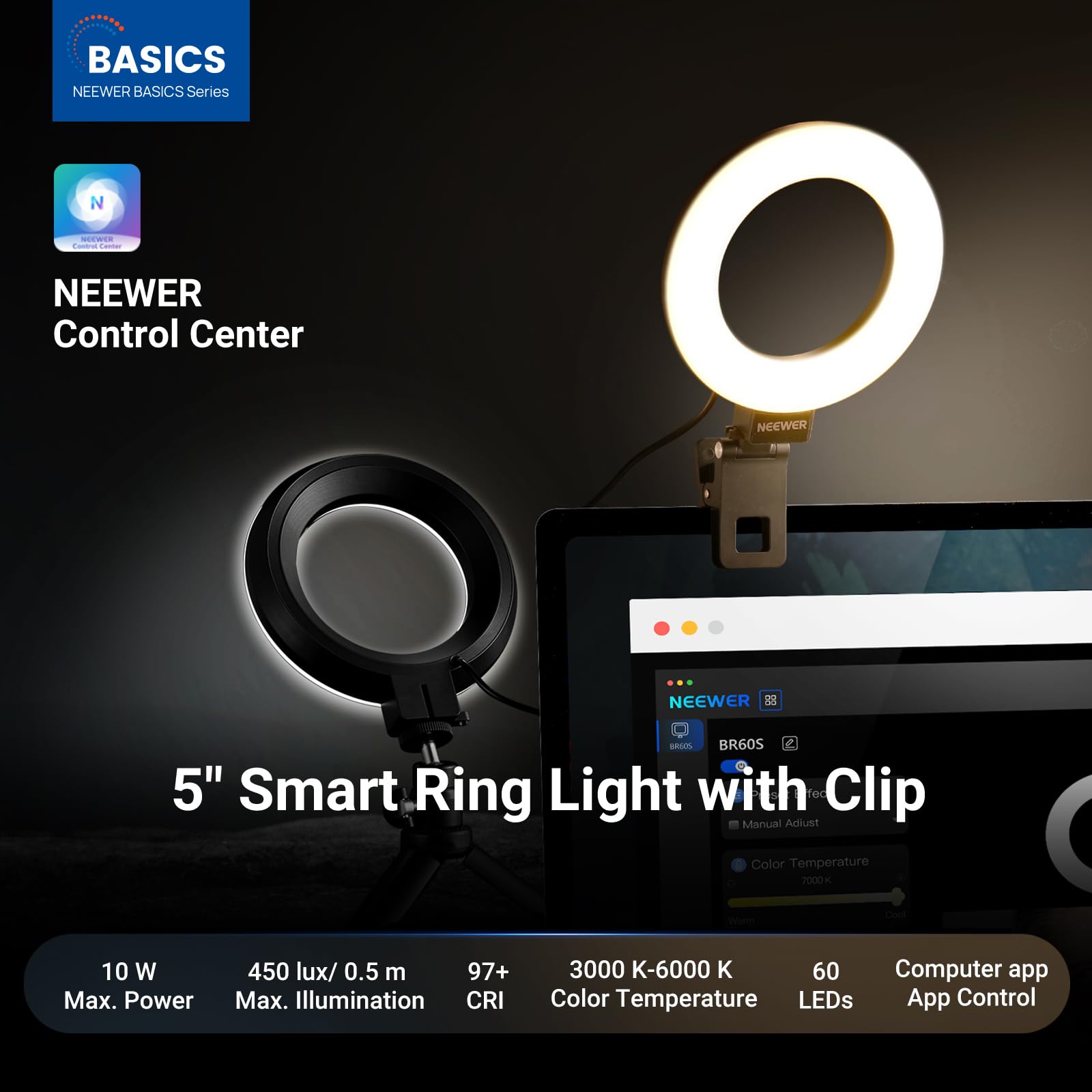 NEEWER BASICS BR60S 5" Ring Light per Videoconferenze, Controllo App per PC | Luce ad anello con clip, supporto da scrivania per treppiede, illuminazione computer portatile, per zoom, chiamate, streaming