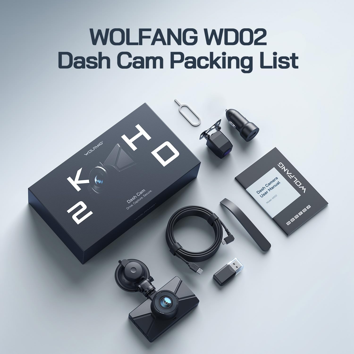 WOLFANG Dashcam Auto Vorne Hinten 2,5K+1080P Auto Kamera, Ultra Nachtsicht, 170°Weitwinkel, WDR, 24 Std. Parkmodus, G-Sensor, Loop-Aufnahme