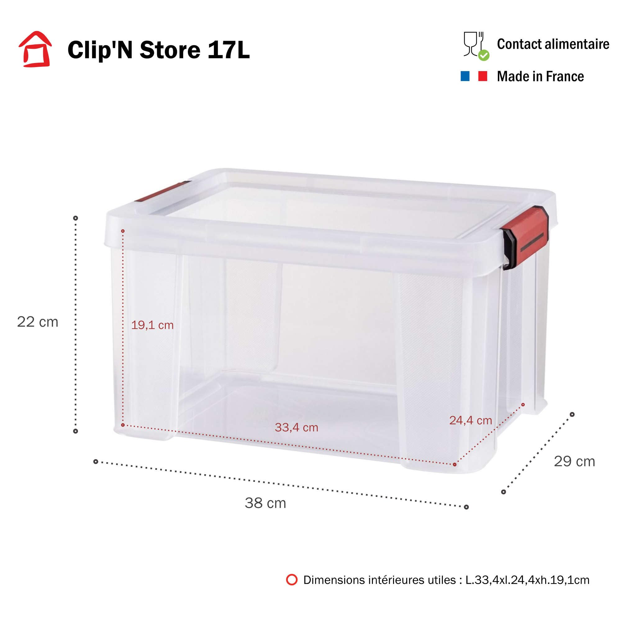SUNDIS Clip'N Store, 3 cajas almacenaje con tapa, 17l de capacidad, plastico transparente, reforzados, aptas para alimentos, paredes rectas, apilables y combinables