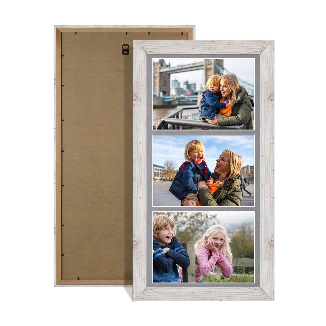 Procut Global 16X8 White Rustic Photo Frames For Multiple Pictures with Mid Grey Mount-Modern Collage Frame with 3 Apertures (3x) 7X5-Engineered Wood with Shatterproof Perspex
