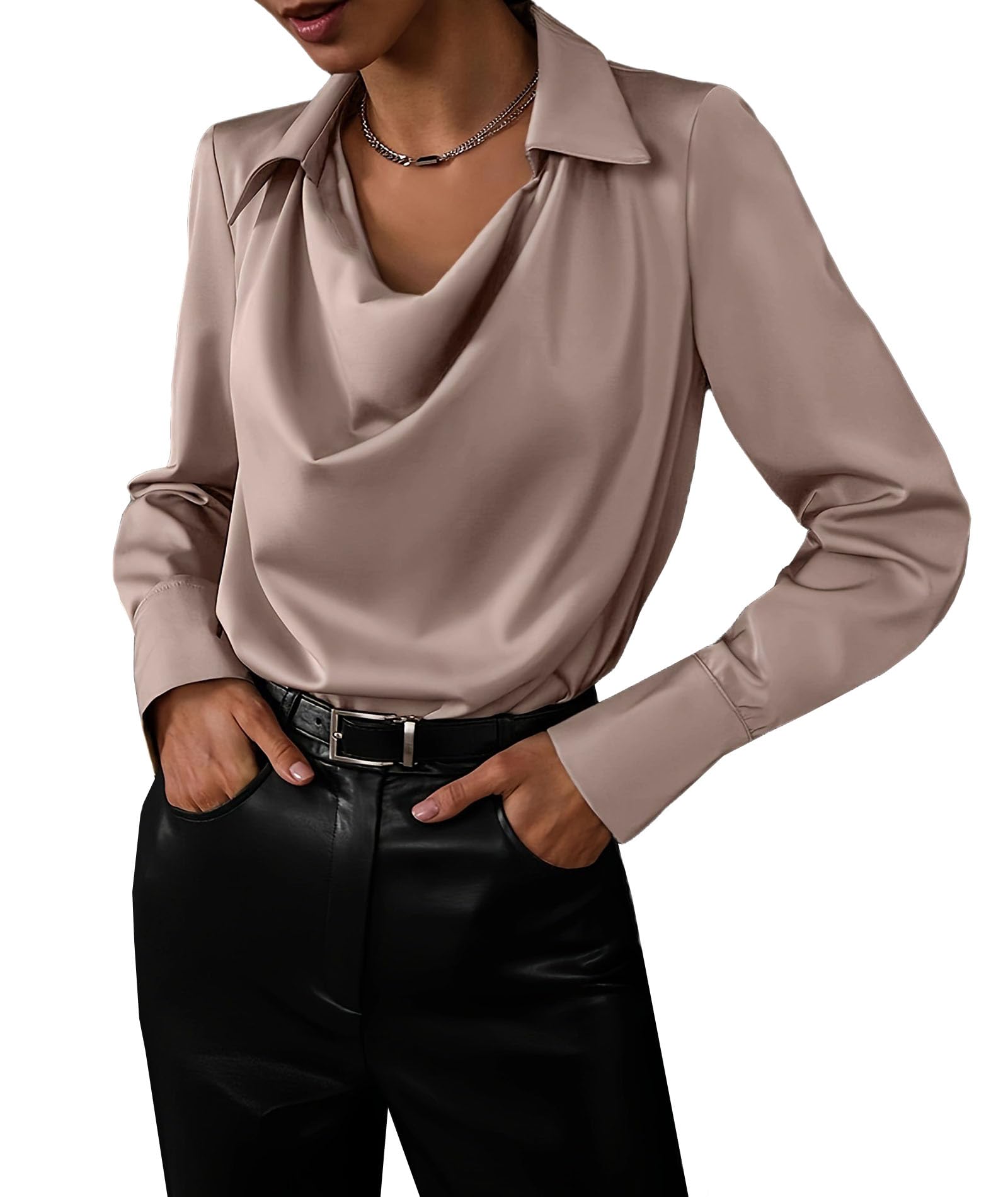 SOMTHRON Chemisier élégant en satin de soie pour femme, col bénitier froncé sur le devant, manches longues, pour le travail, le bureau