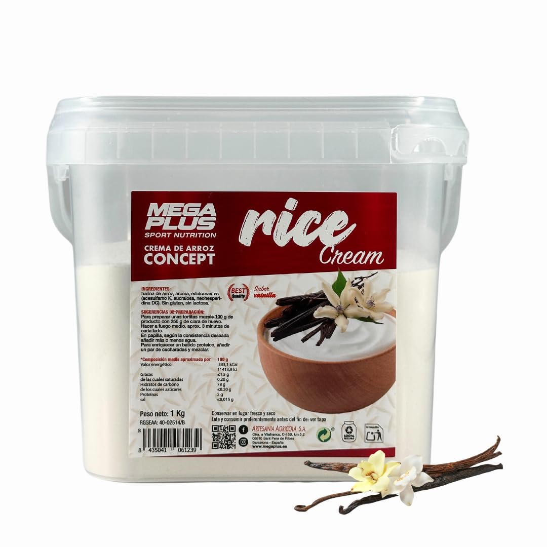 Crema de Arroz - Mega Plus Concept - Crema de arroz en polvo - Sin azúcares añadidos - alto en carbohidratos - Sin Gluten - Sin Lactosa- 1 kg (1 Kg, Vainilla)