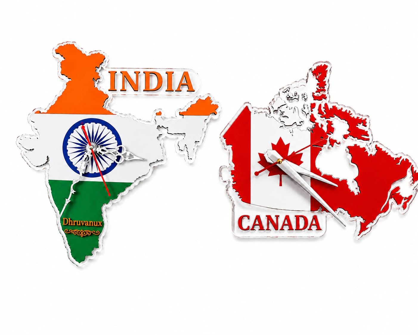 India and Canada Flag Map Wall Clock, Acrylic, 30x30 cm | Set of 2, Silent Quartz Movement, Combo-image-2