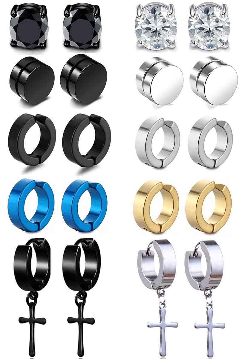 VELESAY 10 Pares Falsos Pendientes Magnéticos de Acero Inoxidable Aros Imán Hombre Pendientes Clip Negro Cruz Pendiente CZ Mujer Pendientes Sin Agujero Pendiente