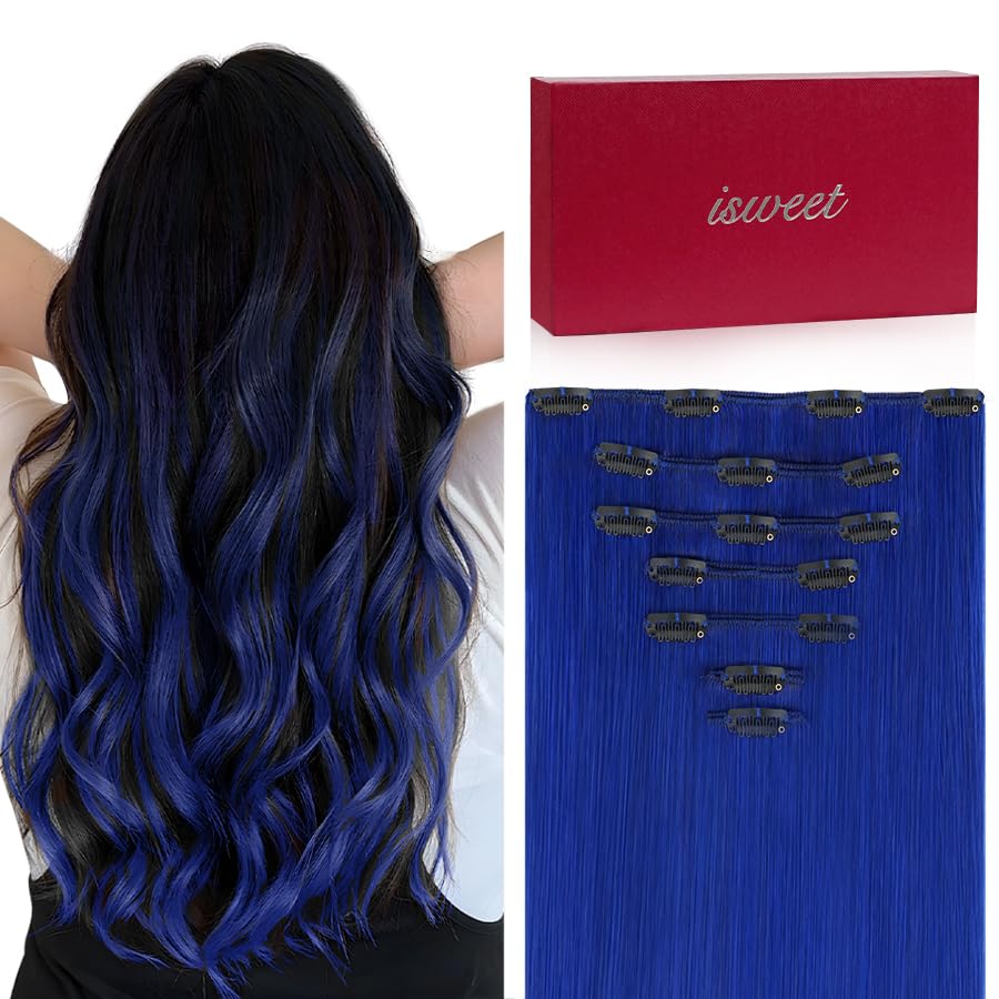 Straight Clip in Hair Extensions Real Human Hair, 7Pcs 12 Inch 80g Blue Invisible Natural Soft Remy Human Hair Extension Clip ins, Double Weft Hair Extensions Real Human Hair for Women