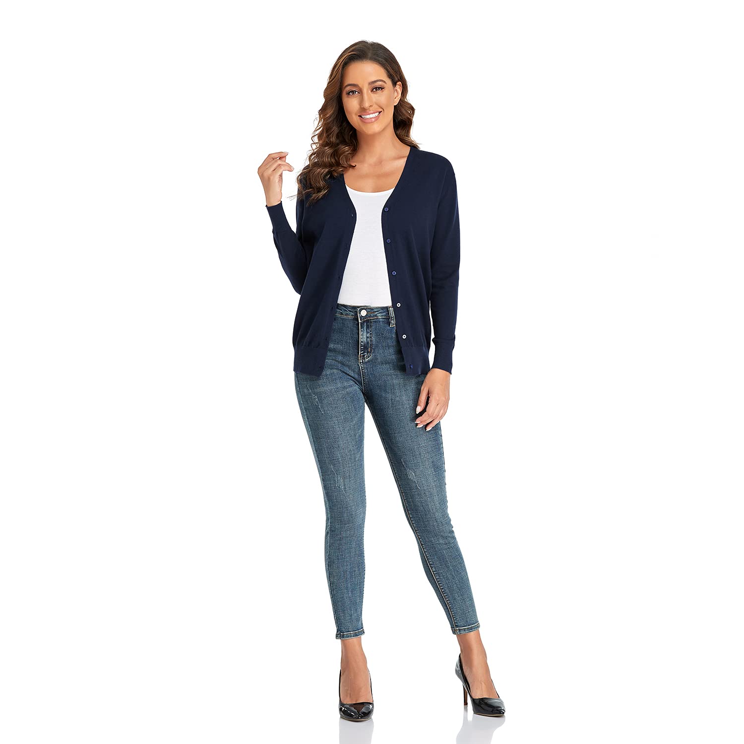 CUNYI Cardigan para Mujer Escote en V Rebeca de Punto Manga Larga