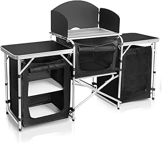 CampLand Folding Cooking Table Outdoor Portable Cook Station Aluminum Camping Kitchen with Storage Organizer, Windscreen, Hooks for BBQ, Party (Black3cabinet)