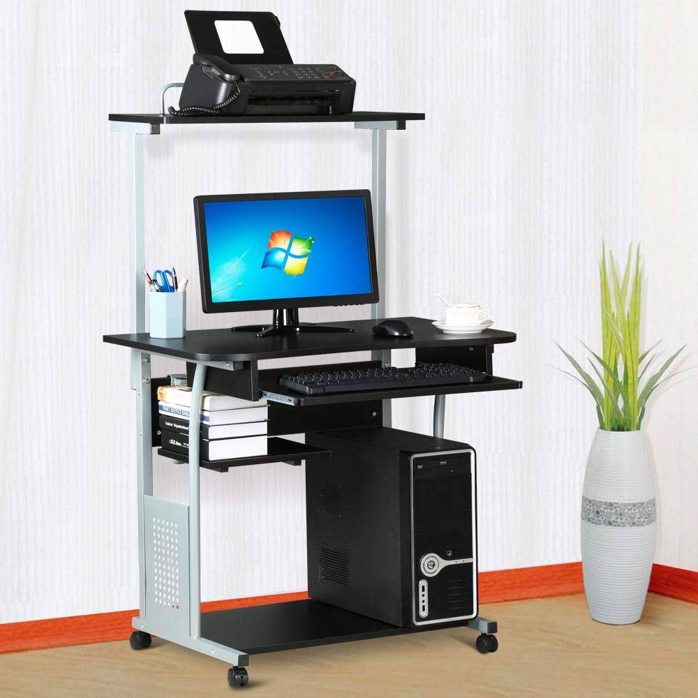 Yaheetech Scrivania per PC da Ufficio Tavolo Porta Computer con Stampante Ruote Tavolo Salvaspazio Mobile con Ripiani Tastiera Scorrevole Scrittoio da Studio Nera 80 x 50 x 132 cm