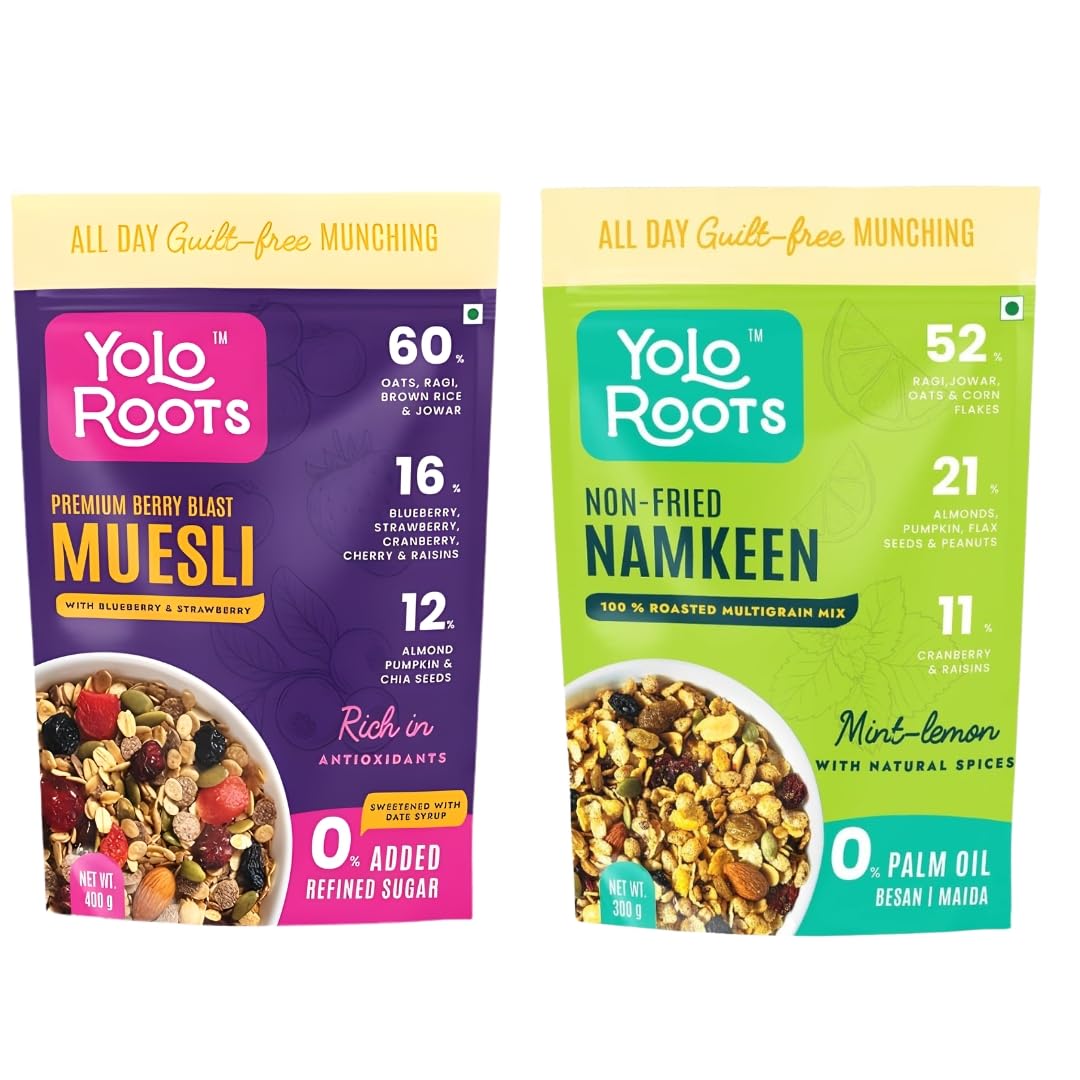 Yolo Roots Berry Blast Muesli 400g & Roasted Multigrain Mix Namkeen Lemon 300g Combo | Healthy Breakfast & Snack (Pack of 2)