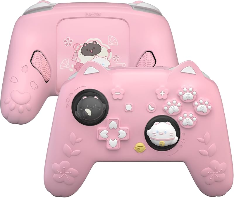 PlayVital for Nintendo Switch 2 Pro Controller Silicone Cover – Cherry Blossoms Kitten Cute Protective Skin Case for Switch 2 Pro Controller w/Back Button Cap & Thumb Grip & Sticker - Pink