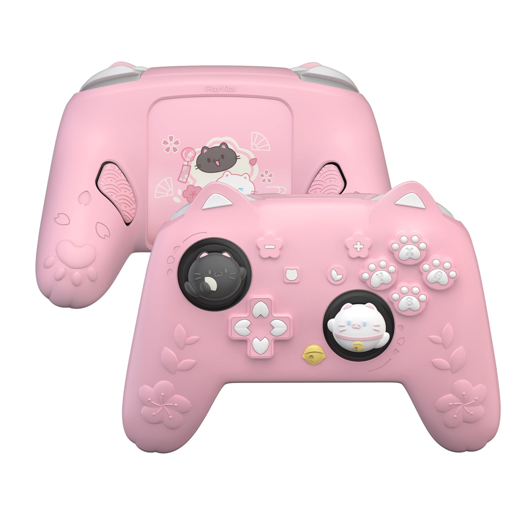 PlayVital for Nintendo Switch 2 Pro Controller Silicone Cover – Cherry Blossoms Kitten Cute Protective Skin Case for Switch 2 Pro Controller w/Back Button Cap & Thumb Grip & Sticker - Pink - 2