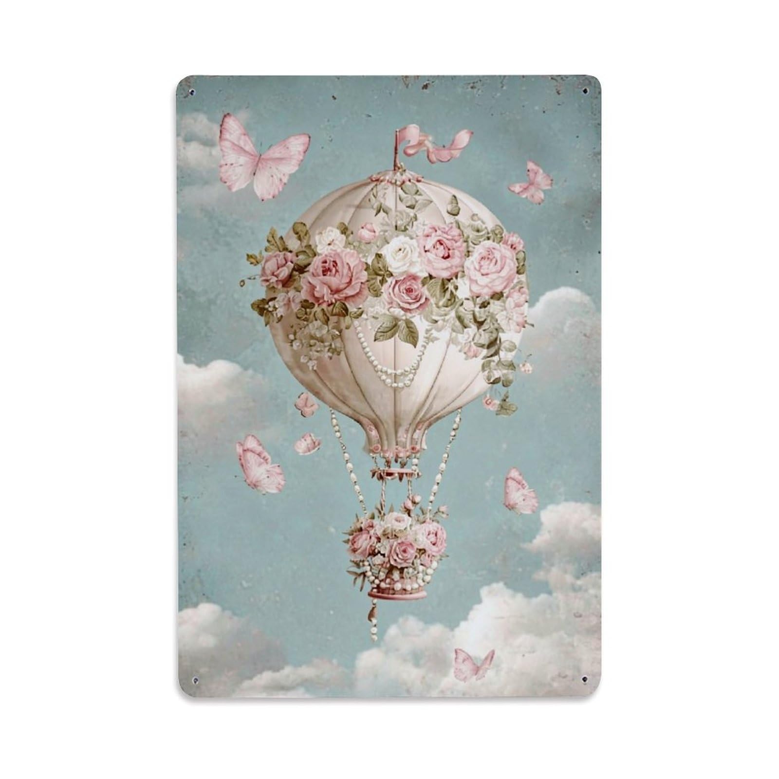 Jdfenggu Vintage Romantic Floral Hot Air Balloon Retro Metal Tin Sign, Decor Art Poster For Bar, Home, Man Cave, Kitchen, Laundry Room Gift 8X12inch
