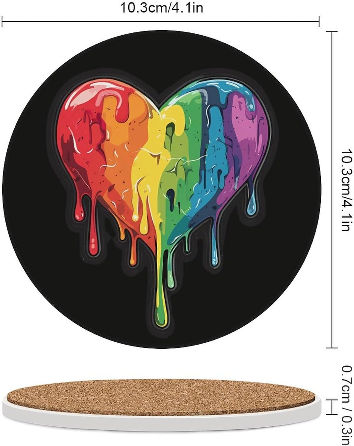 Rainbow Hearts Gay Proud Funny Round Ceramic Coasters for Drink Absorbent Cup Holders Tabletop Protection