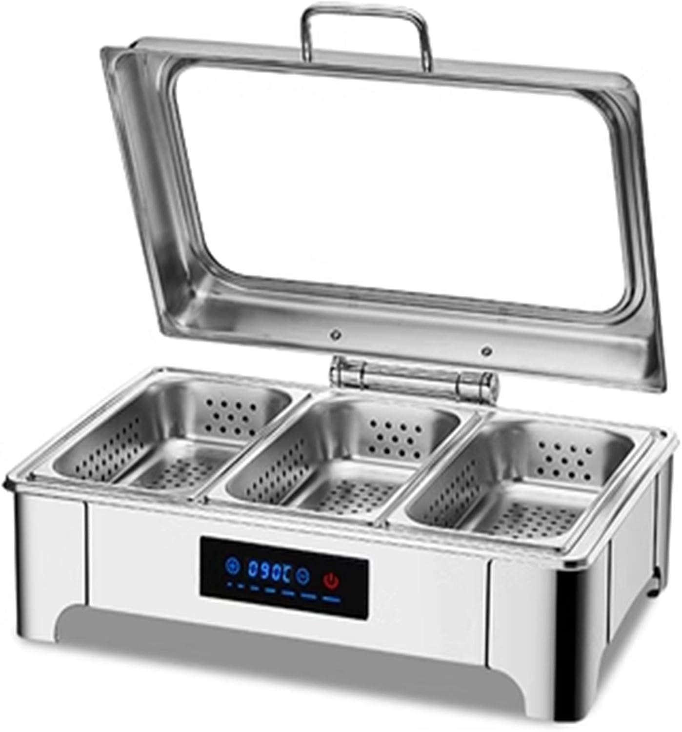 Lot de plats à frire en acier inoxydable 9 l avec couvercle rabattable et contrôle de température LED pour événements de restauration (triplegrid)