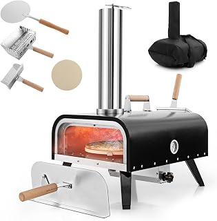 COSTWAY Outdoor Pizza Oven, Portable Stainless Steel Pizza Oven with Pizza Stone, Pizza Shovel, Thermometer, Folding Legs & Carry Bag, for Picnic, Party, Camping