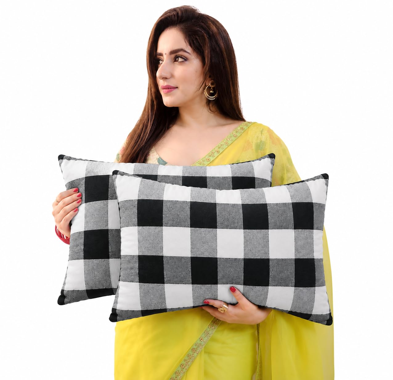 Medium Firm Cotton Pillow Pack of 2 | Orthopedic Neck Support Pillow for Side, Back & Stomach Sleepers | 16x25 Inch Black & White Check-image-38