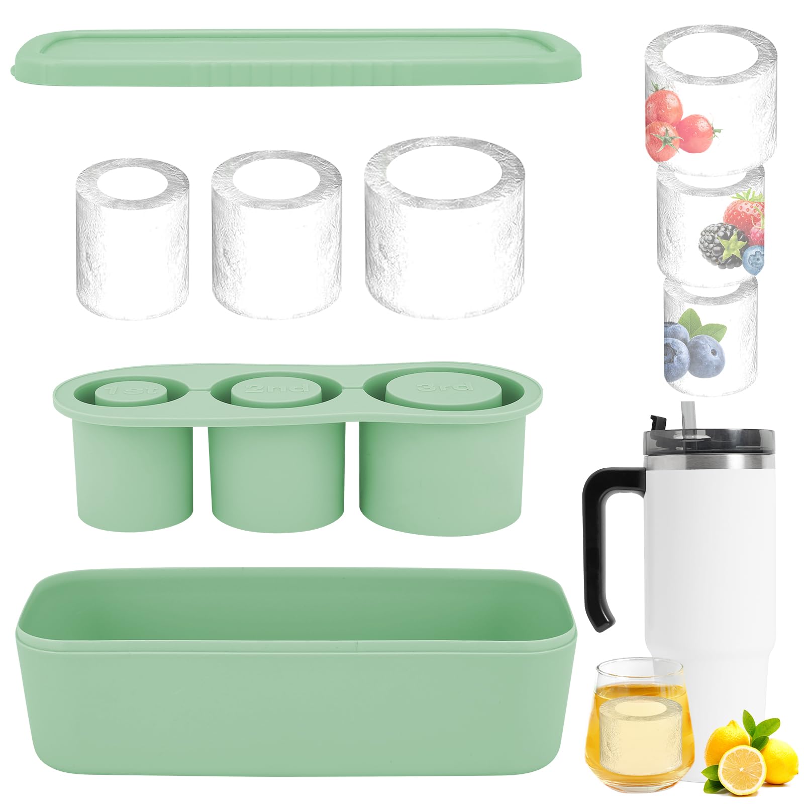 FURNSII Bac à Glaçons Pour Stanley Cup, Moule à Glace En Silicone Fabrication De 4 Gros Glaçons Cylindriques, Plateau Bac A Glacons Avec Couvercle Pour Stanley Thermos Ice Mold