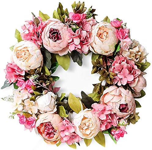 LASPERAL Peony Wreath for Front Door, 15" Artificial Spring Flower Door Wreath Decorative Pink Peonies Wreath Valentines Day Wreath for Wedding Party Decor