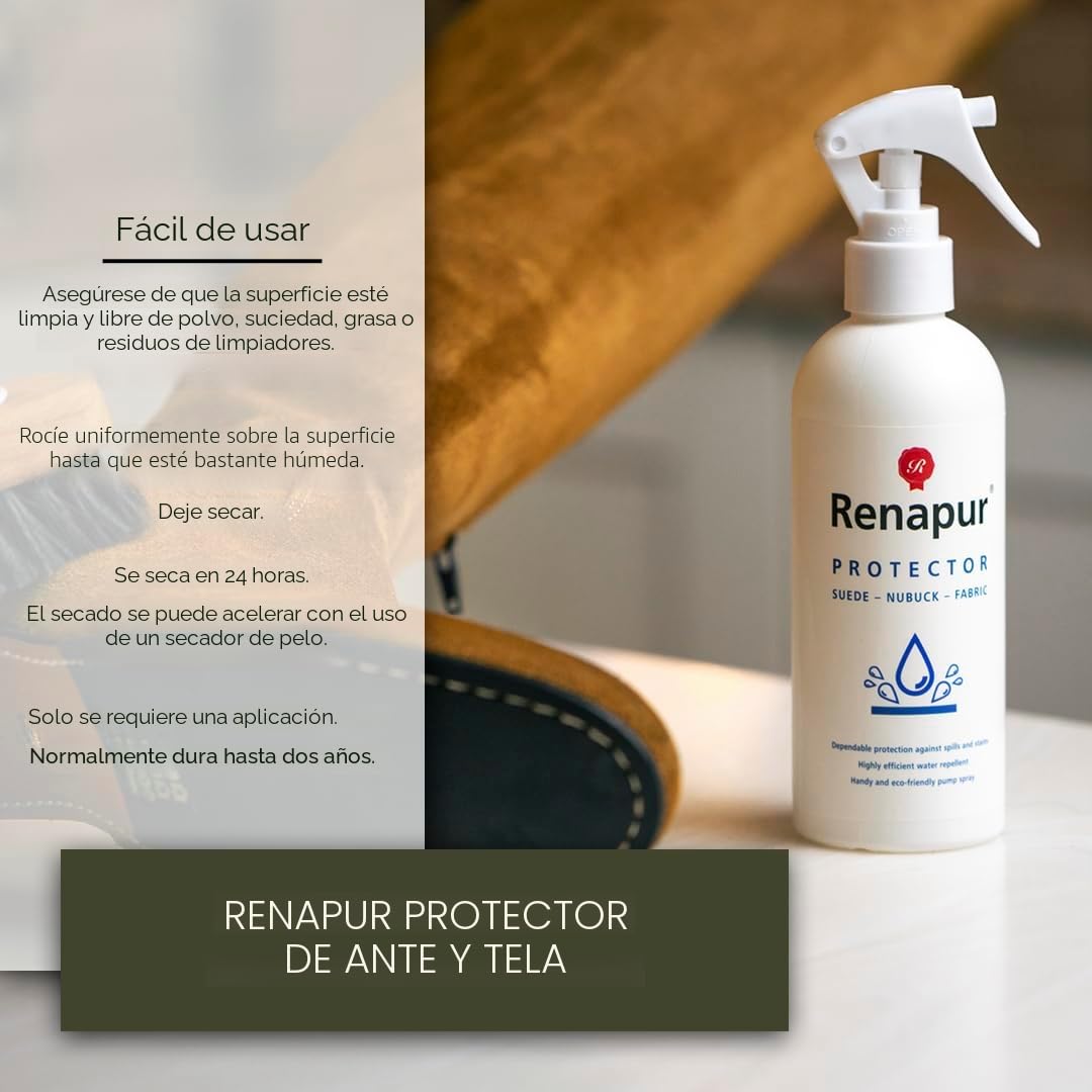 Renapur Gamuza, nobuck, tela impermeabilizante/protección contra manchas, ecológica, no tóxica, para zapatos, botas, zapatillas y ropa (botella de spray de 250 ml) - La presentación puede variar