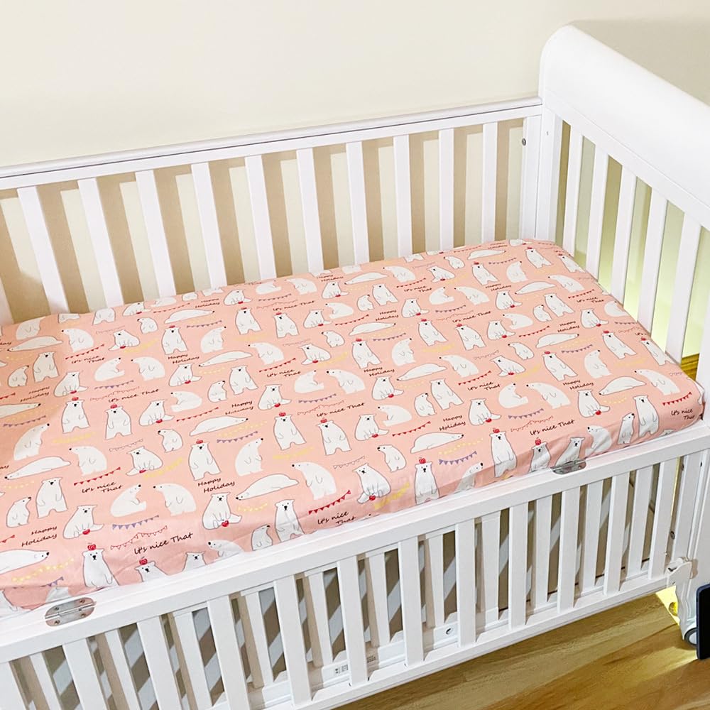 Odot Soft Cotton Cot Bed Sheets, Cartoon Bedside Cribs Fitted Sheets for Boys Girls, Newborn Bassinet Sheets, Baby Bed Sheets Stretch Edge Mattress Protector Easy Care (130x70cm,Polar Bear-Pink)