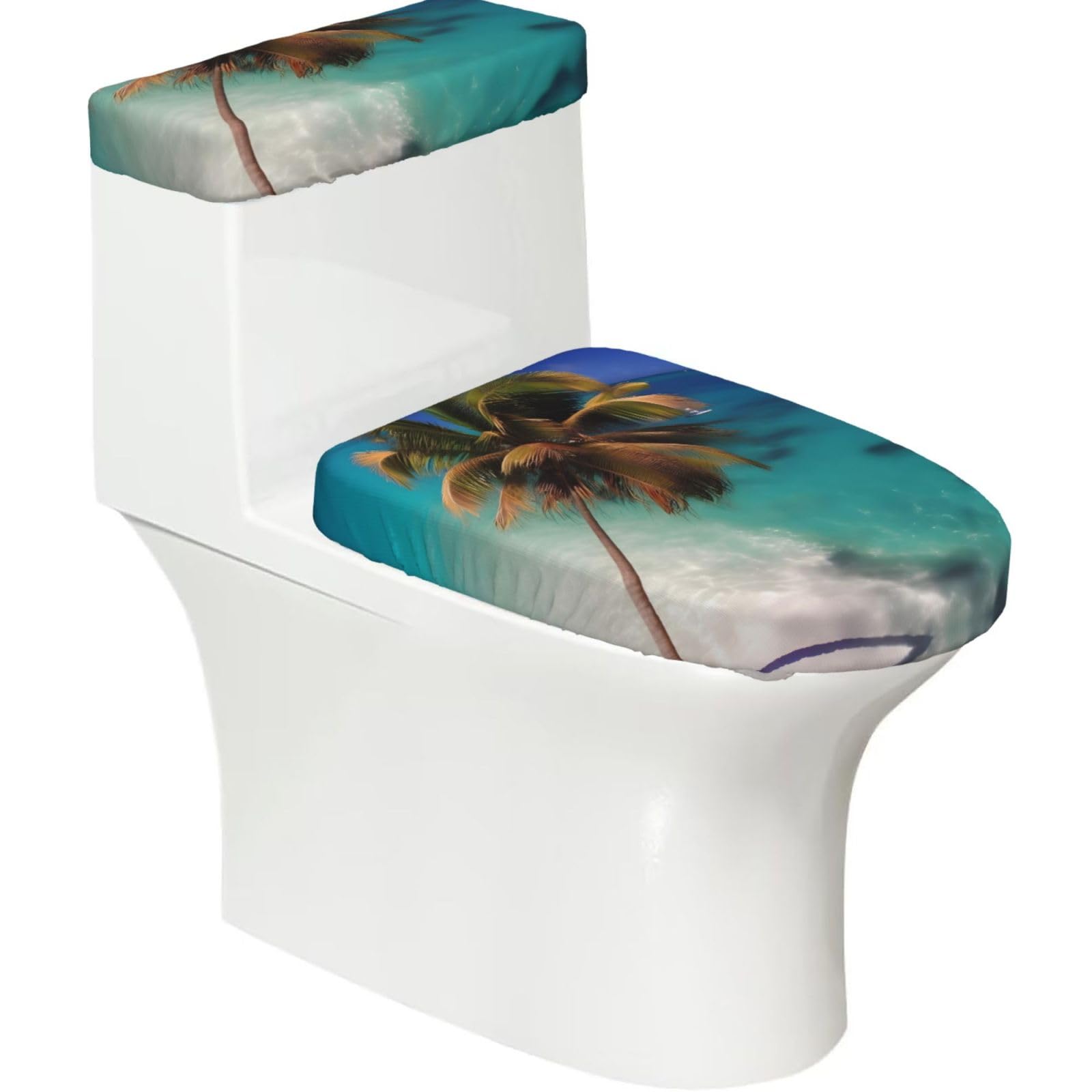 Cntdbu Black Caribbean Islands Elastic Toilet Cover Set Of 2-Stretchy Lid And Tank Covers For Bathroom, Soft Washable U Shape Toilet Decor
