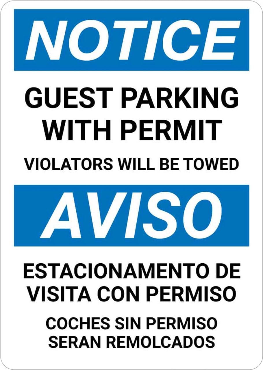 Notice Bilingual Spanish Guest Parking with Permit Rust Free Aluminum Sign - Warning Decor with Pre-Drilled Holes for Home, Business Lot - 12x16 Inch​