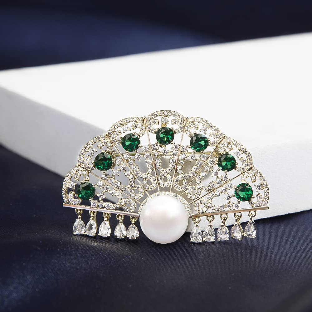 Broches para Mujer, Estilo clásico de Abanico, con circonita cúbica y Perla. Broche de Solapa de Seguridad.
