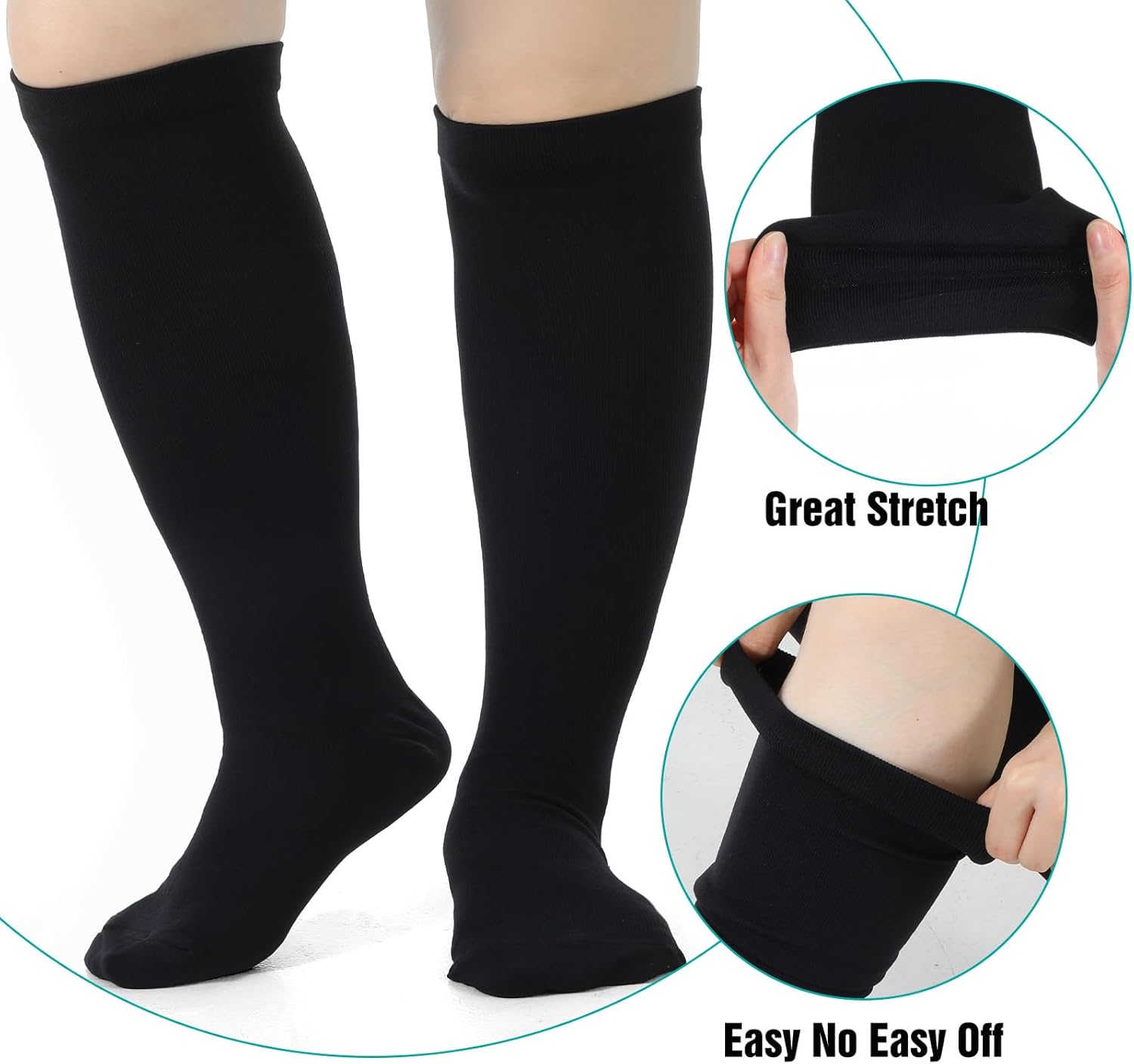 6 Pcs Wide Calf Compression Socks, 2XL Black Plus Size Compression Socks for Women, Men Nylon Plus Size Knee High Sock for Daily, Sports, Travel - Image 5