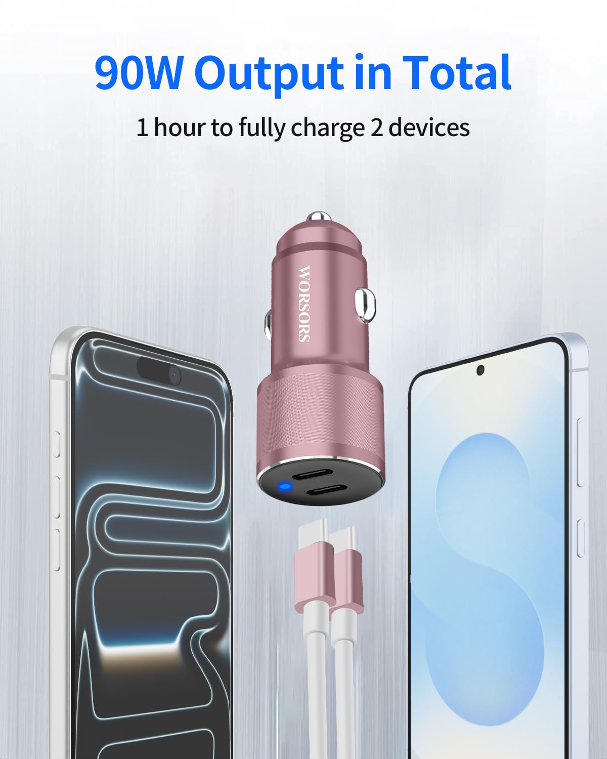 Caricabatteria da auto Dual USB C da 45 W, ricarica super veloce da 90 W, completamente in metallo, 12 V, adattatore per accendisigari per iPhone 17 Pro Max/16/15/iPad, Samsung Galaxy S26+/S25