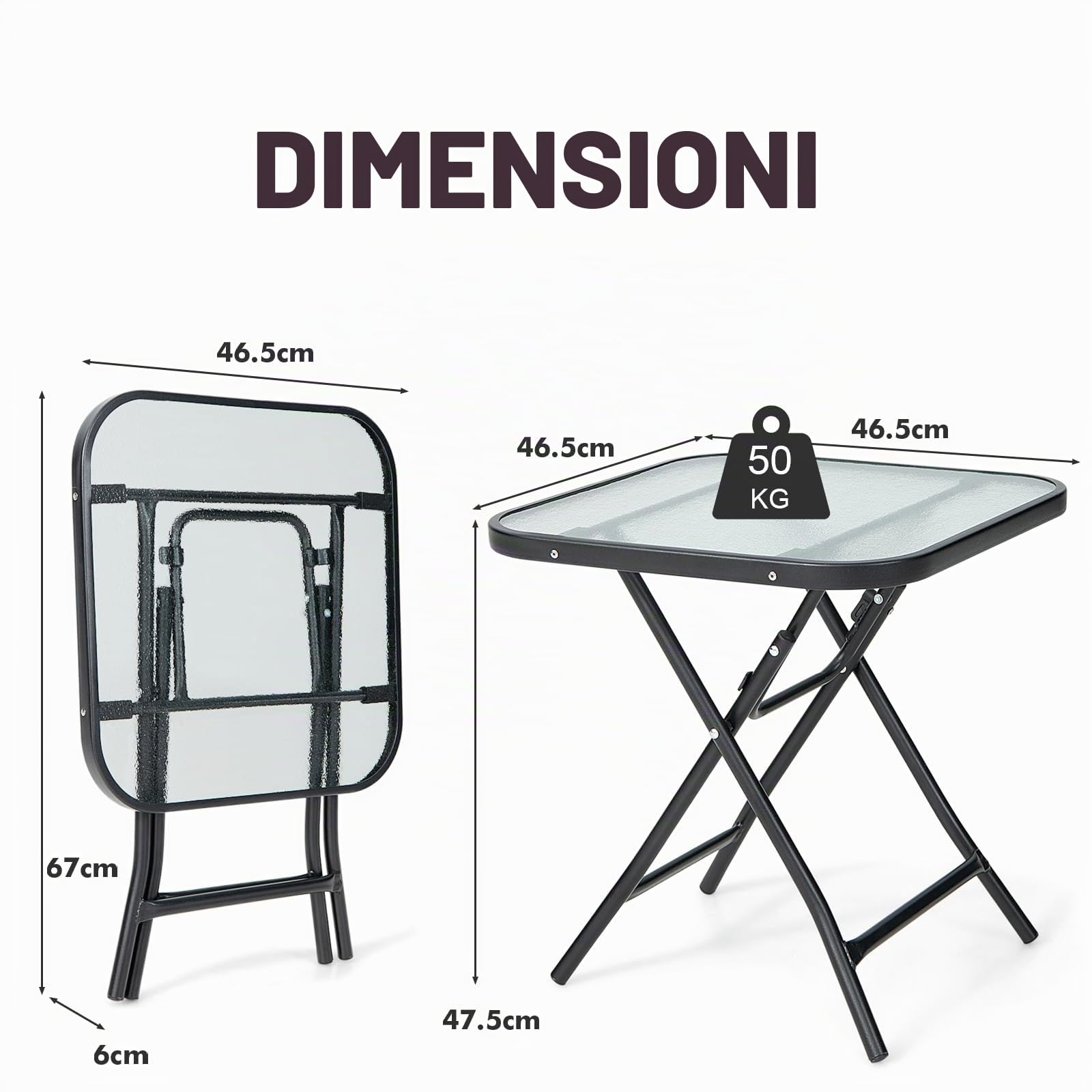 KOMFOTTEU Tavolo da giardino pieghevole bistrot con piano in vetro e struttura in metallo, tavolo rotondo per balcone e terrazza (quadrato, 46,5 x 46,5 x 47,5 cm (lunghezza x larghezza x altezza)