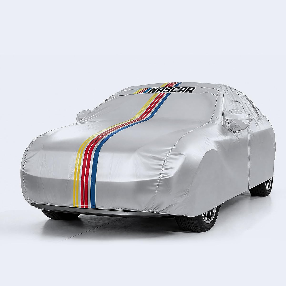 Cubierta para automóvil NASCAR, cubierta exterior completa impermeable para sedán para uso en todo tipo de clima | Película de aluminio suave para protección contra el calor y los rayos UV con cremallera del lado del conductor, tamaño A4 (se adapta a sedanes de 184 a 193 pulgadas de largo)
