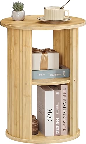 Miniatura 1 de HOOBRO Mesa auxiliar redonda pequeña, mesa auxiliar redonda de bambú de 3 niveles, mesita de noche para sofá, mesita de noche de estilo bohemio,