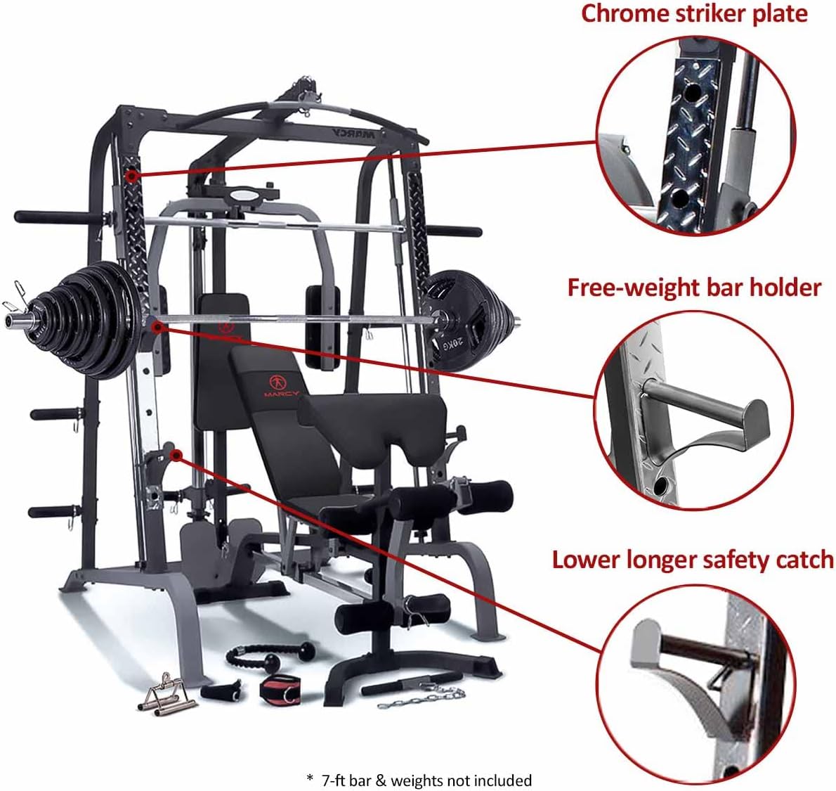 Close-up images of the Marcy SM4000 components: Chrome striker plate, free-weight bar holder, and lower longer safety catch.