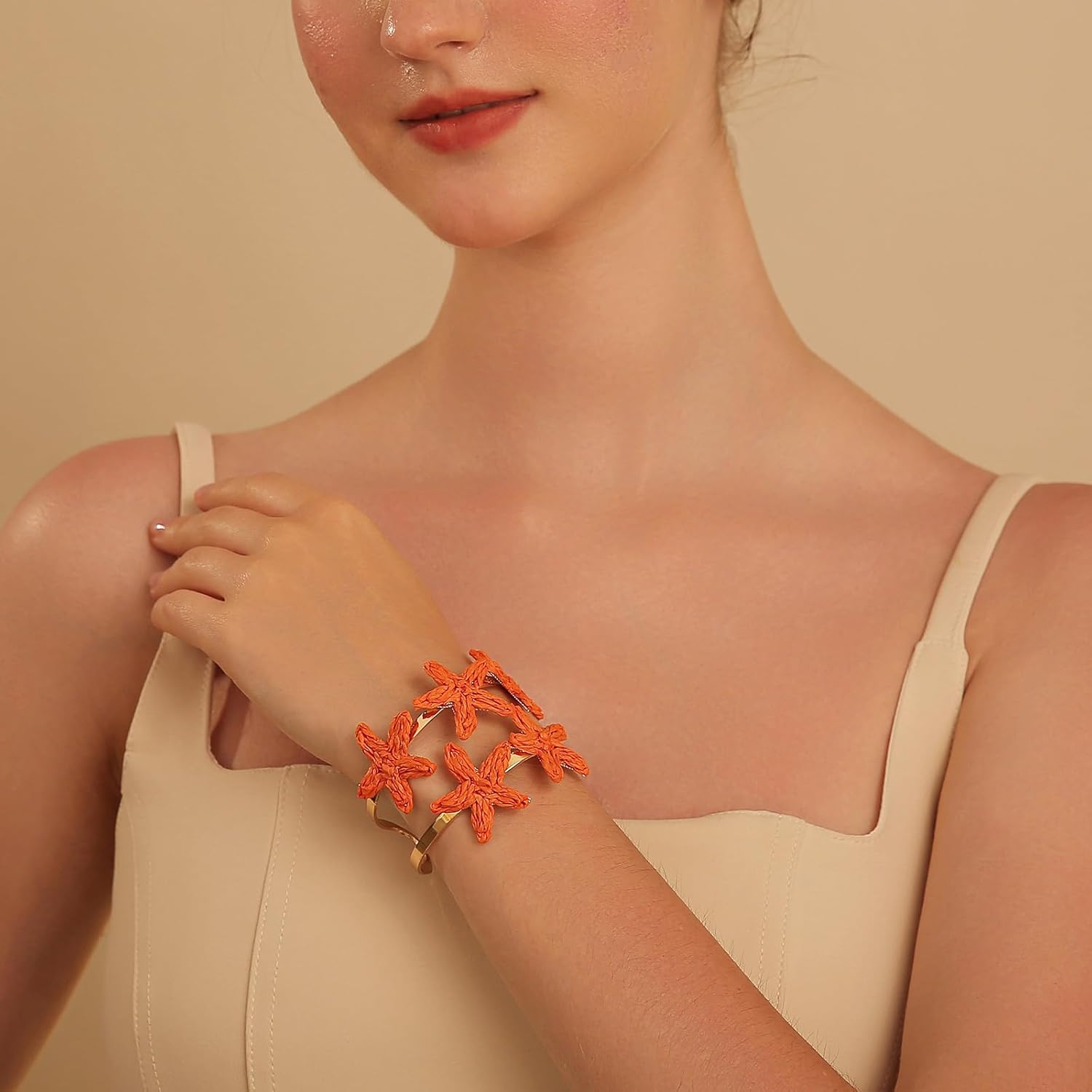 Handmade Raffia Starfish Cuff Bracelet for Women - Colorful Adjustable Wide Open Bangle, Statement Tropical Beach Jewelry - Image 2