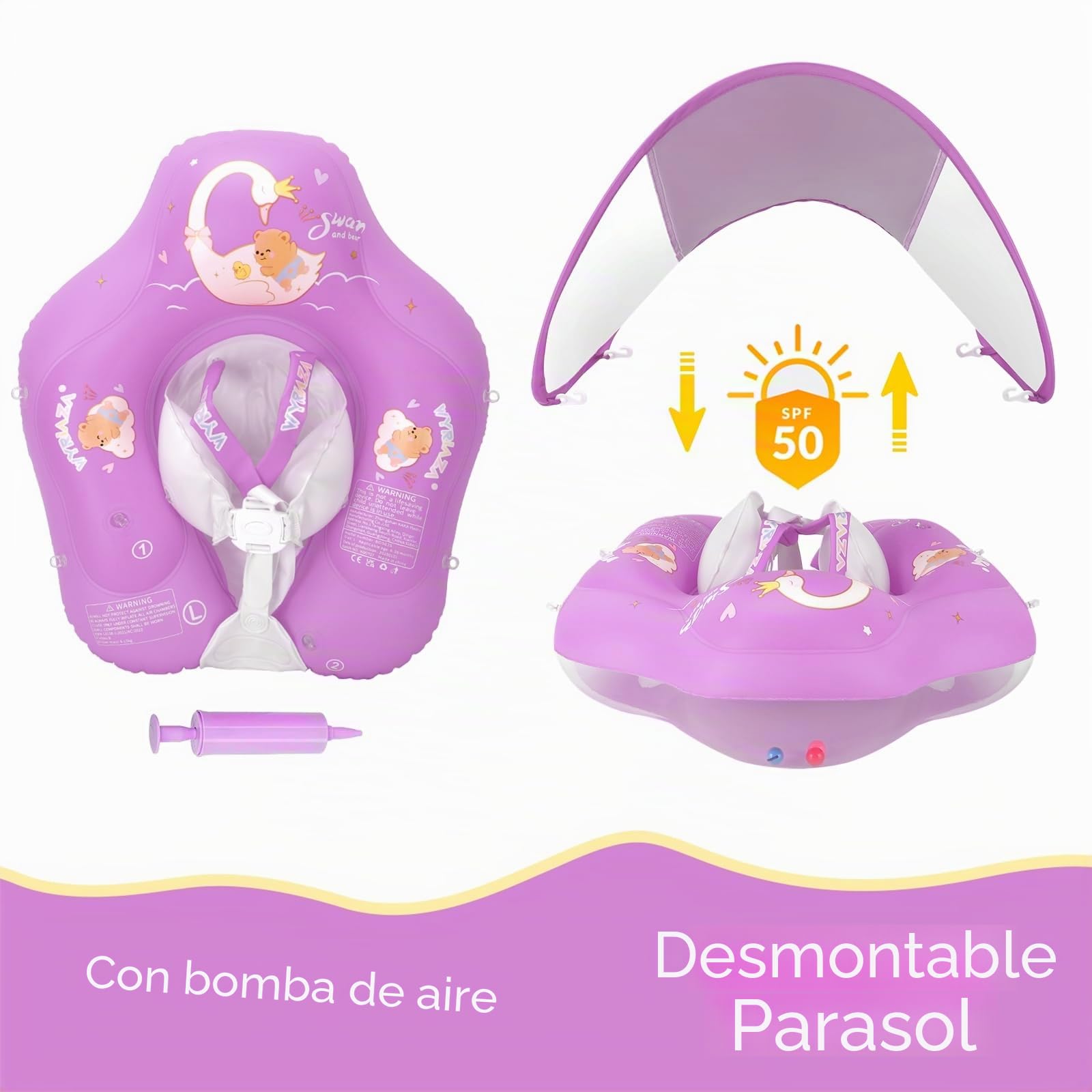 WYRIAZA Flotador Bebe con Sombrilla UPF50+ | Flotador Bebe 1-3 Años con Asiento Seguridad | Inflable Baby Float para 3-36 Meses