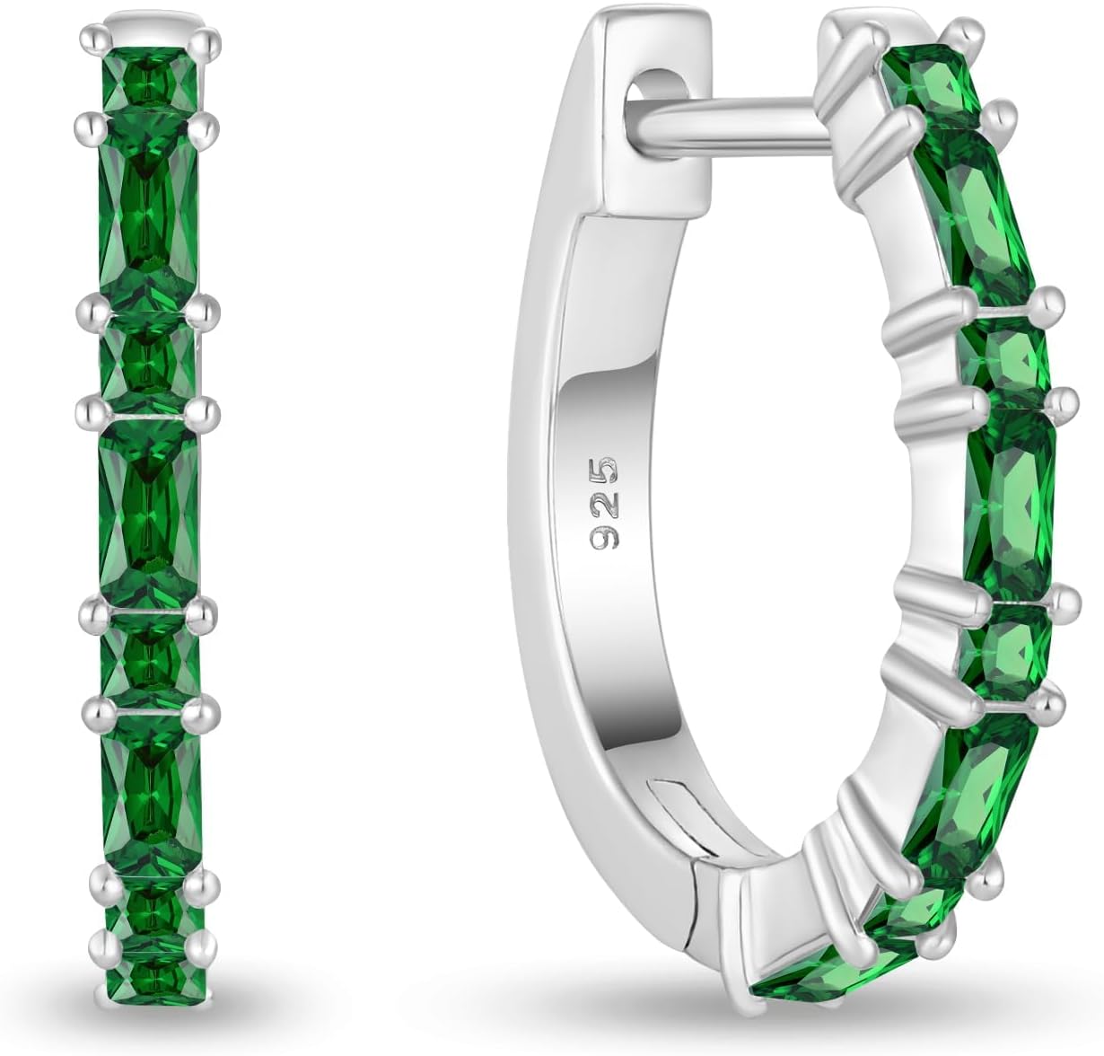 925 Sterling Silver Huggie Hoop Earrings for Women Emerald Cut Birthstones Jewelry Gift