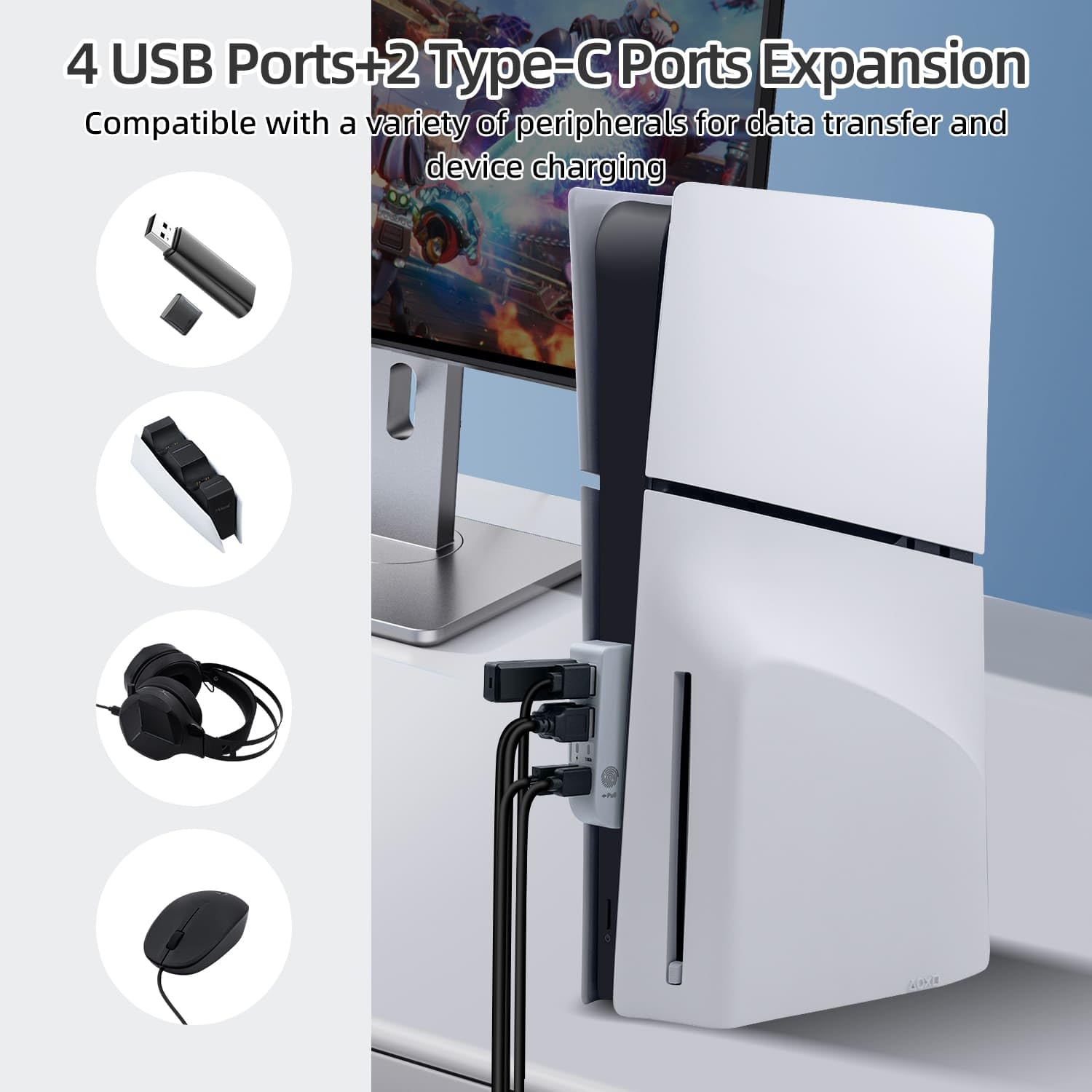 Hub USB 6 en 1 pour PS5 Slim Disc/Digital - Extension de Port USB, Adaptateur de Charge pour Manette, Type-C 3.1 + 4 USB-A 2.0 - Blanc