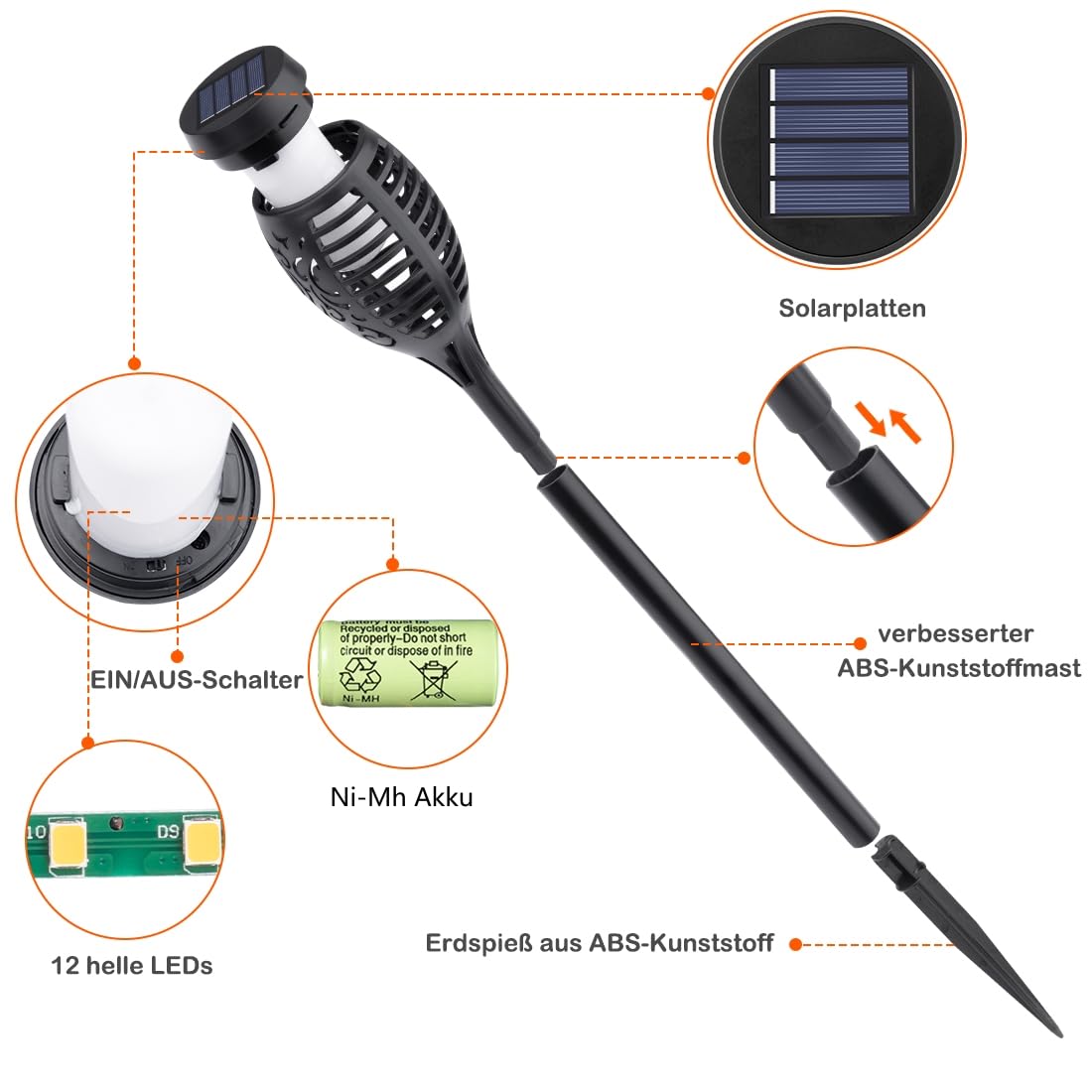 6Stück Solarlampen für Außen Garten, Solar Fackeln für Außen Flackernd, Solarleuchten für Außen Gartendeko, Gartenfackeln für Draußen, Solar Gartenleuchten für Außen LED Gartenbeleuchtung Solar