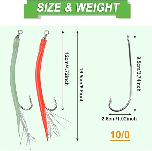 Miniatura 3 de Señuelos clásicos de tubo de bajo a rayas, 10 piezas de tubo de bacalao teaser de agua salada, tubo de pesca con gancho de acero inoxidable