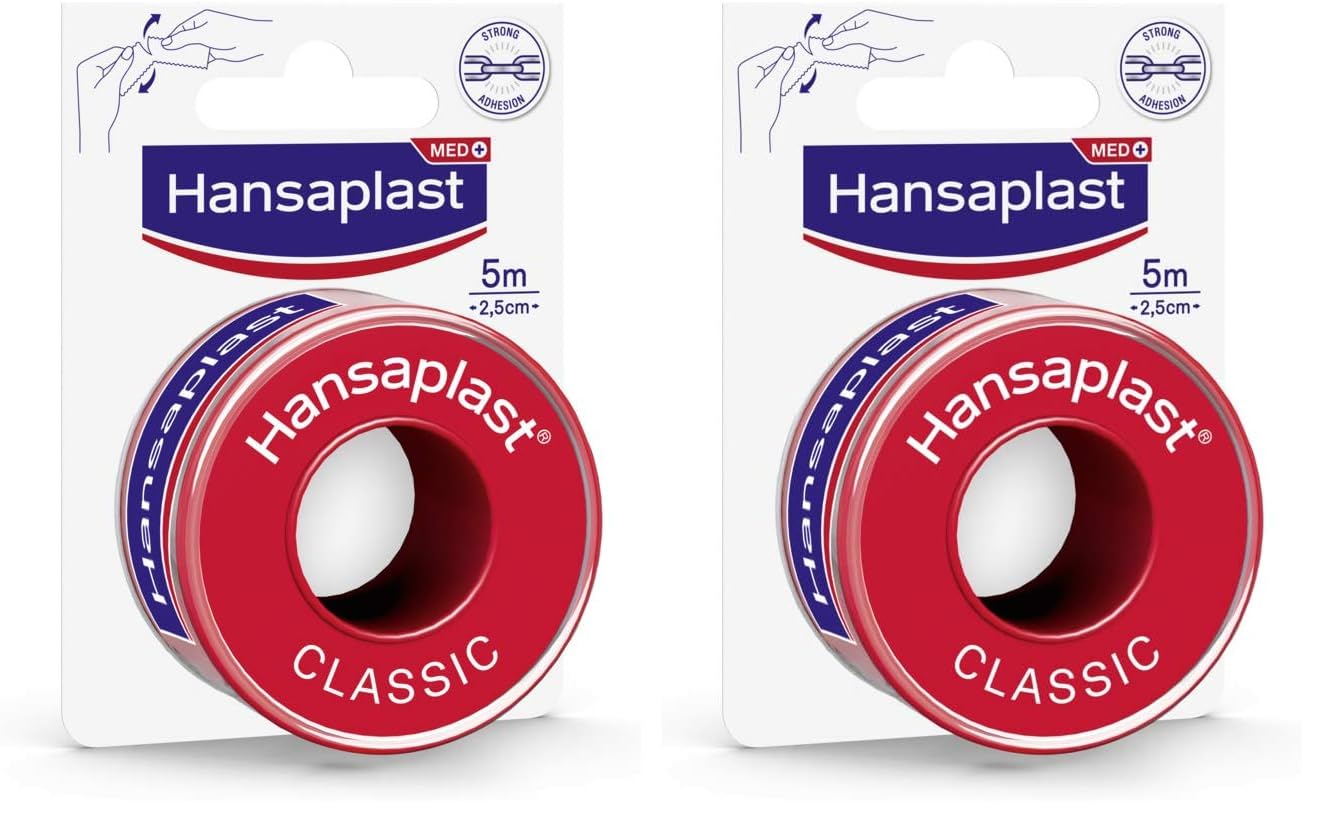 Hansaplast Fixierpflaster Classic (5 m x 2,5 cm), Tapeband zur einfachen und sicheren Fixierung von Wundverbänden, Heftpflaster Rolle mit starker Klebekraft. (Packung mit 2)
