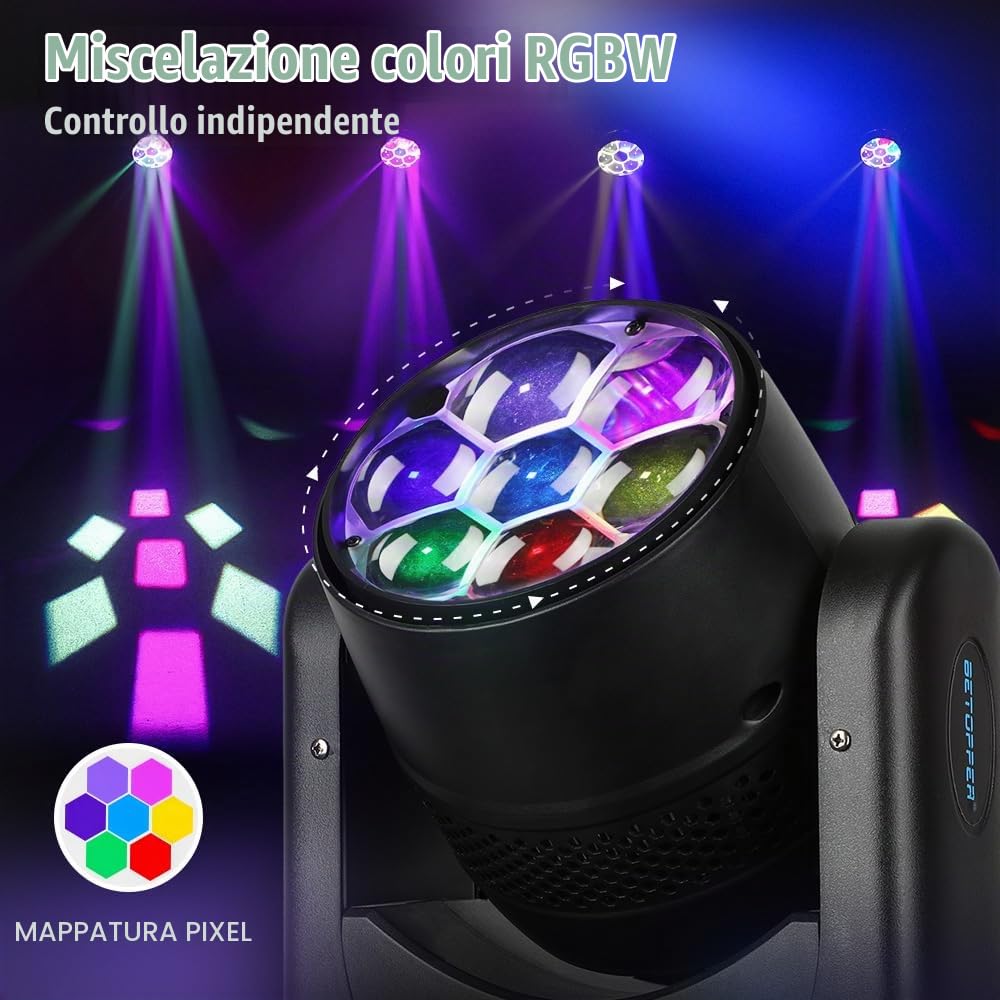 BETOPPER Teste Mobili 7 * 40W Luci Discoteca con Controllo Pixel, RGBW Beam/Wash/Zoom Bee Eye,Luci Spot per Illuminazione da Palco con Attivazione Sonora per Party, Club, Bar, e Casa (LM0740D))
